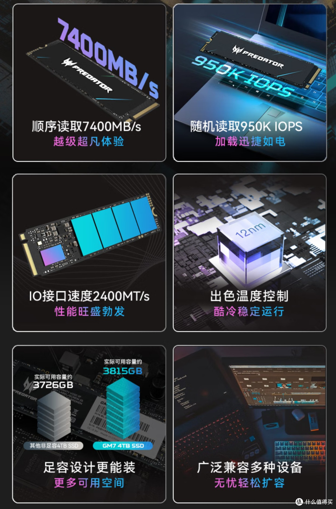 7400MB/s和6500MB/s的顺序读写满足大多数玩家需求