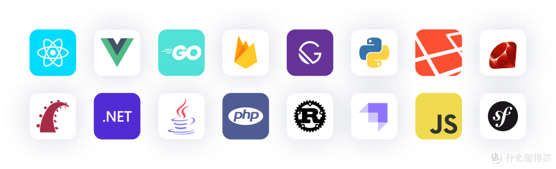 Logos belonging to different languages and frameworks supported by Meilisearch, including React, Ruby on Rails, Go, Rust, and PHP