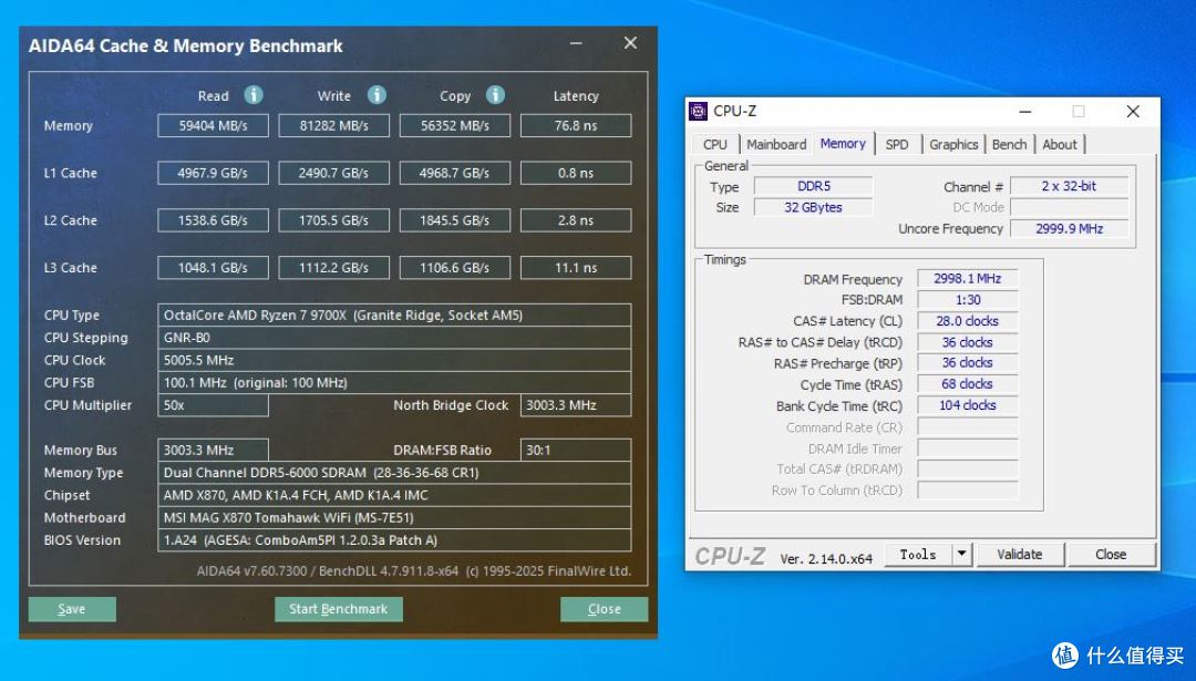 AIDA64内存缓存测试（6000MT/s C28+UCLK=MEMCLK）