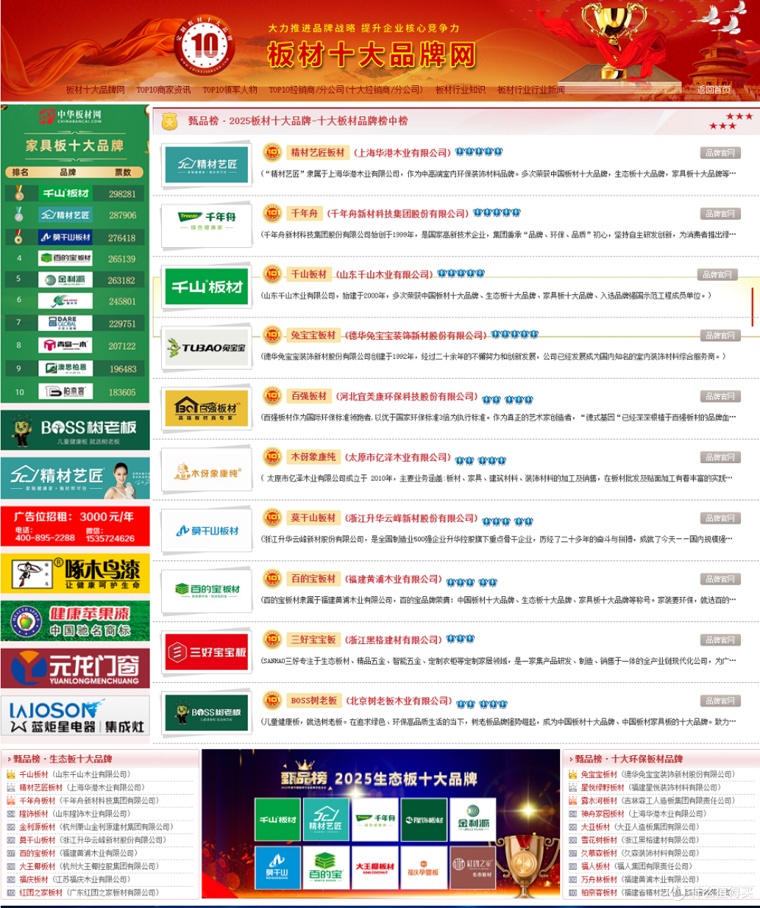 2025年中国板材行业十大品牌总排行榜公布！