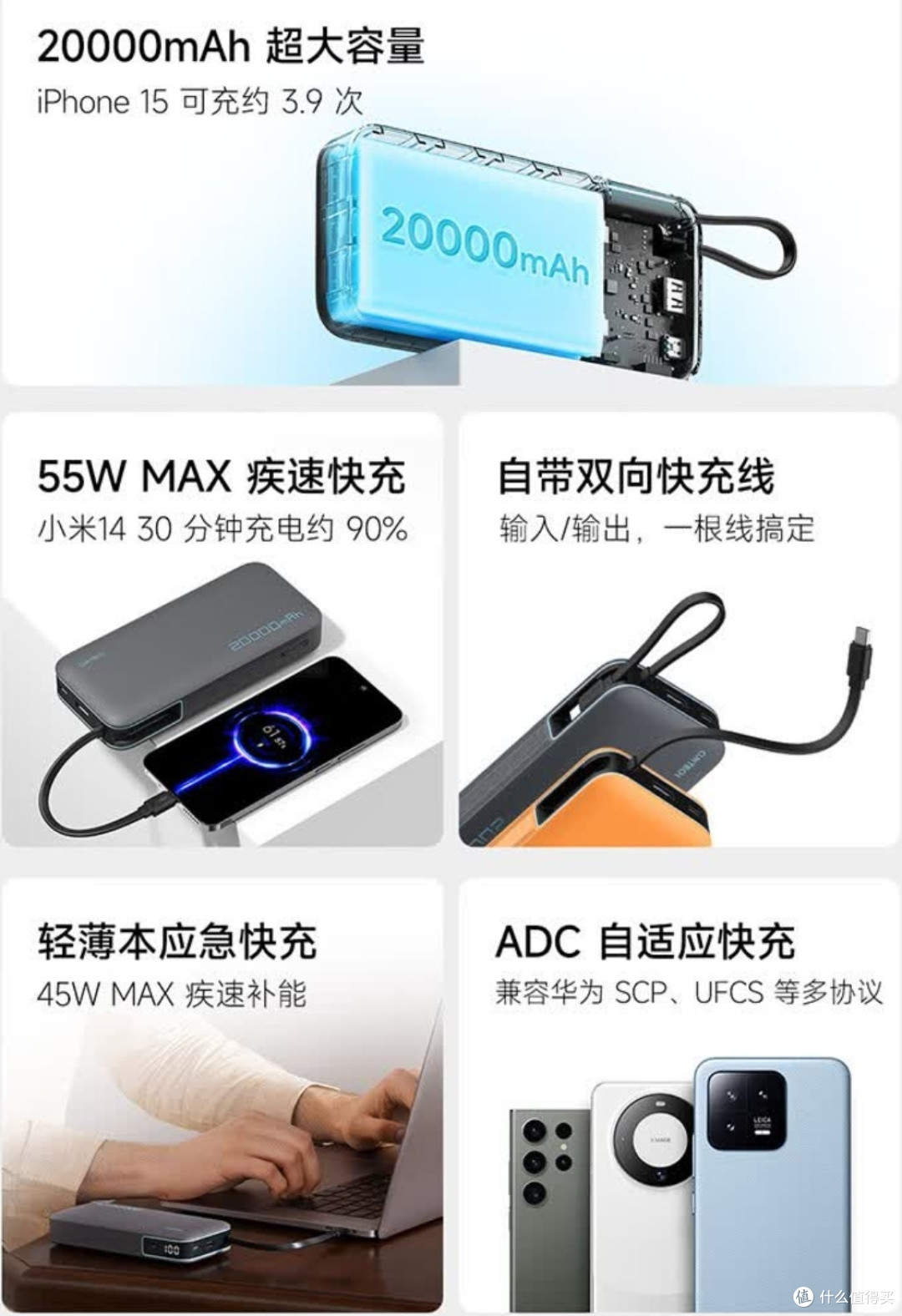 20000mAh 自带线充电宝横评：终结续航焦虑！