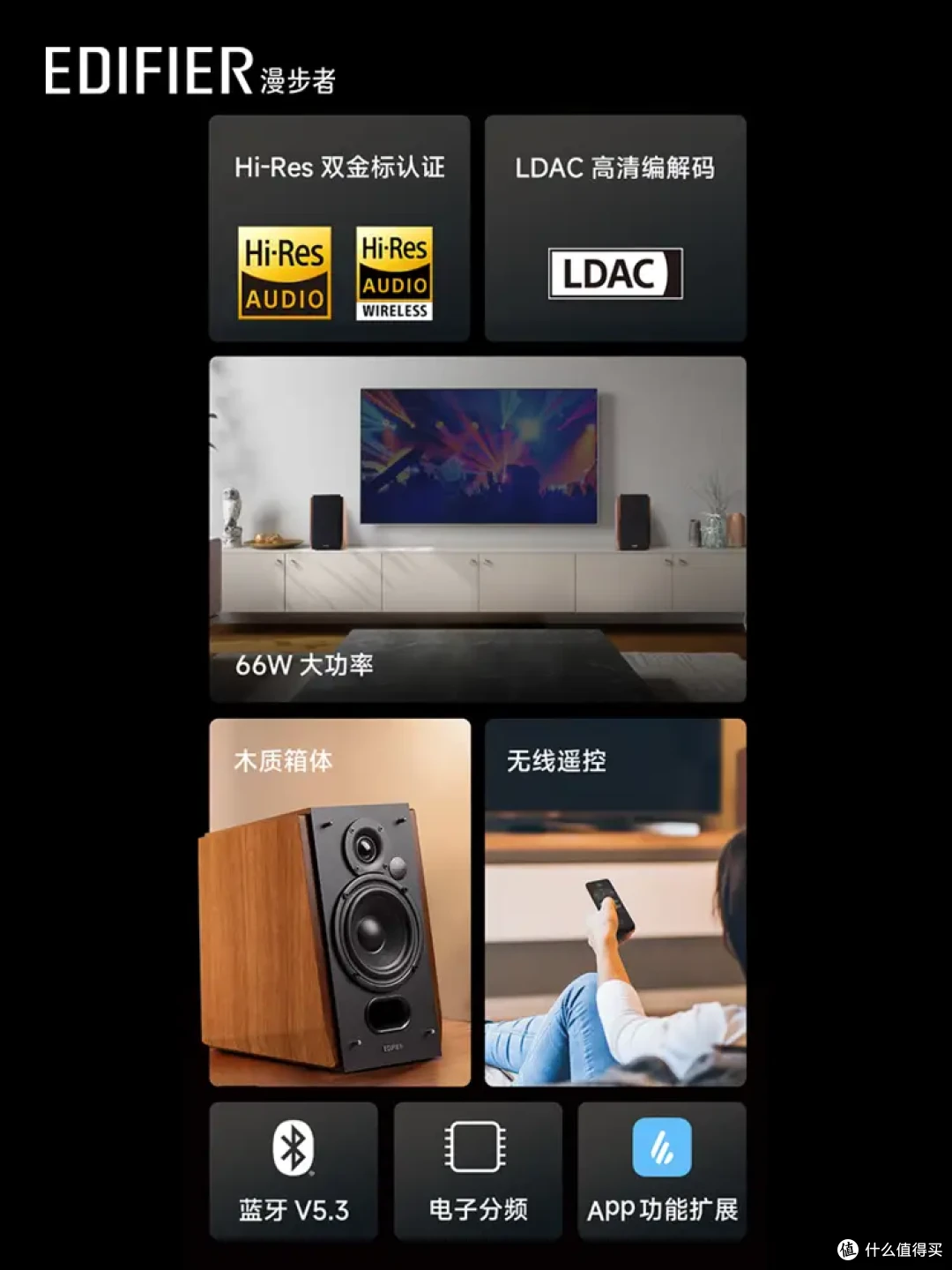 谁说电视机只能配回音壁?漫步者R1700BT+音箱:双单元66W功率