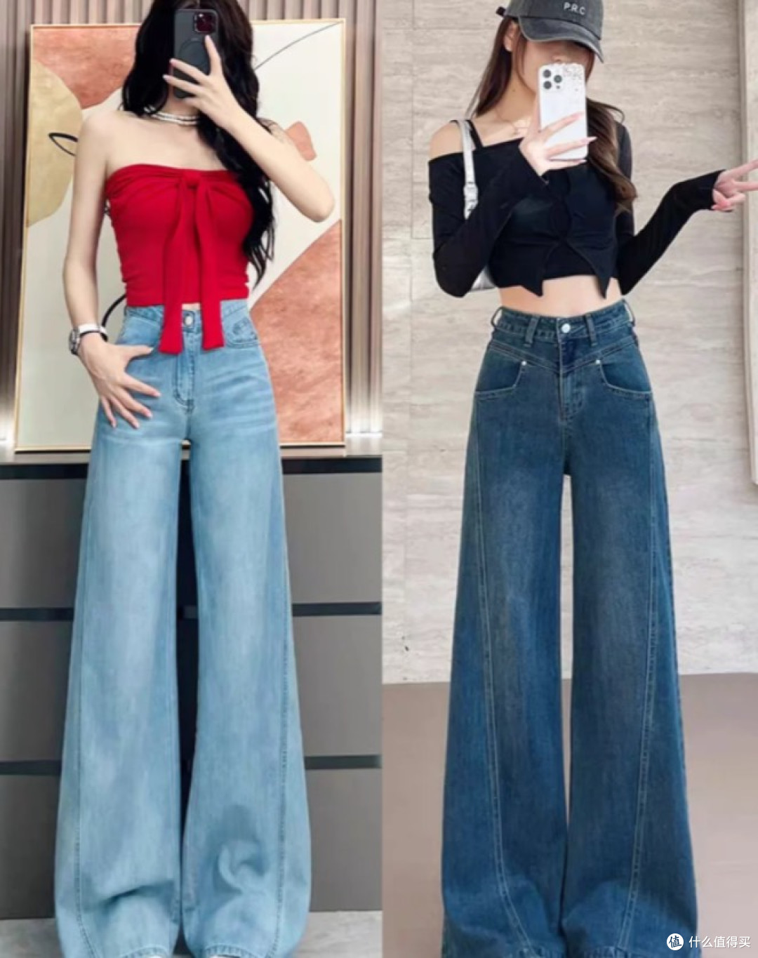 女生短上衣与高腰阔腿牛仔裤搭配