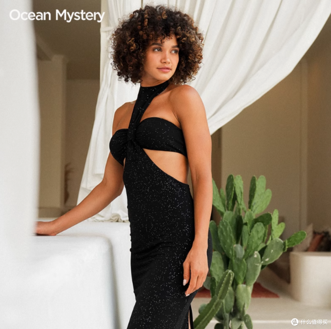 OceanMystery 黑色挂脖抹胸镂空礼服裙，尽显你的独特魅力