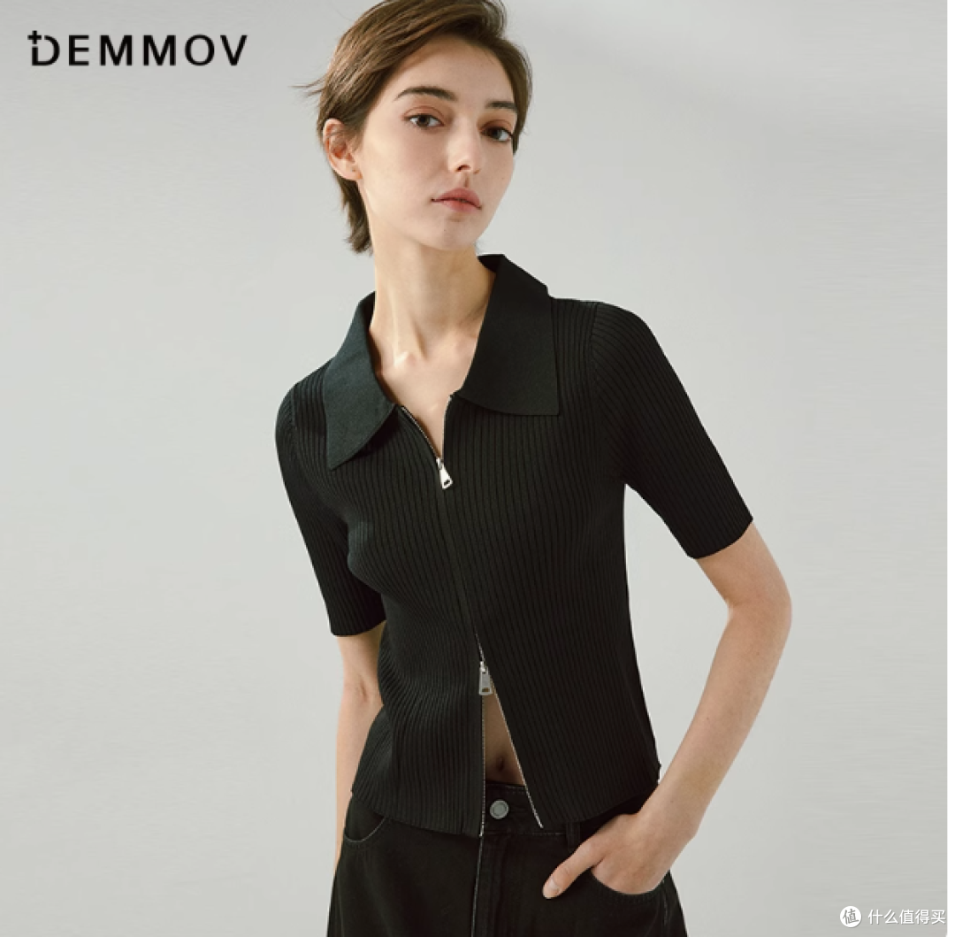 DEMMOV旗舰店黑色短款翻领针织拉链开衫:夏日里的时尚优雅之选