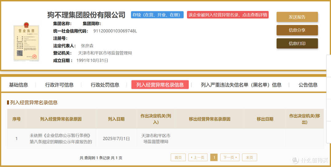 因未公示年度报告 狗不理集团被列入经营异常名录