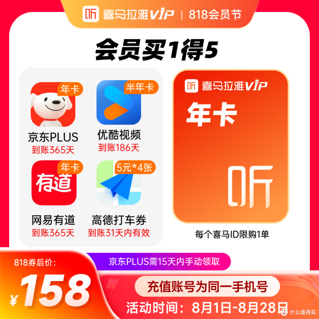 【买1得5】158元到手喜马拉雅年卡+京东plus会员年卡+优酷半年卡