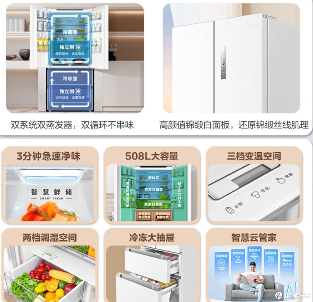 美的(Midea)508升法式多门四开门一级能效双系统双循环除菌净味