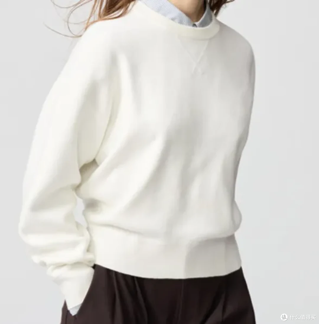 优衣库女装/男女同款柔滑棉质圆领针织衫毛衣毛衫 乳白色