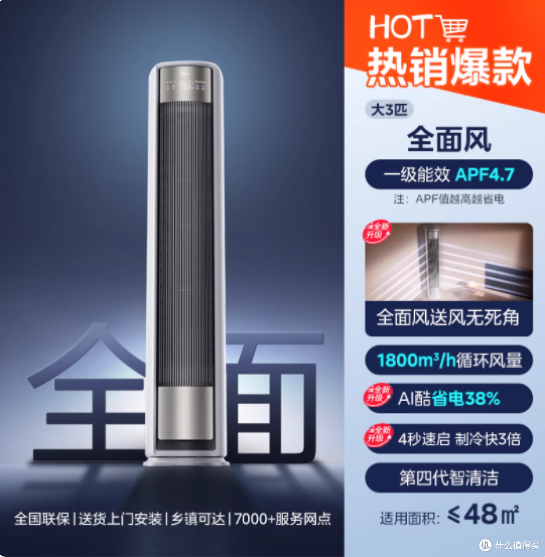 美的空调立式一级 3 匹智能冷暖柜机全面风:打造客厅舒适新境界