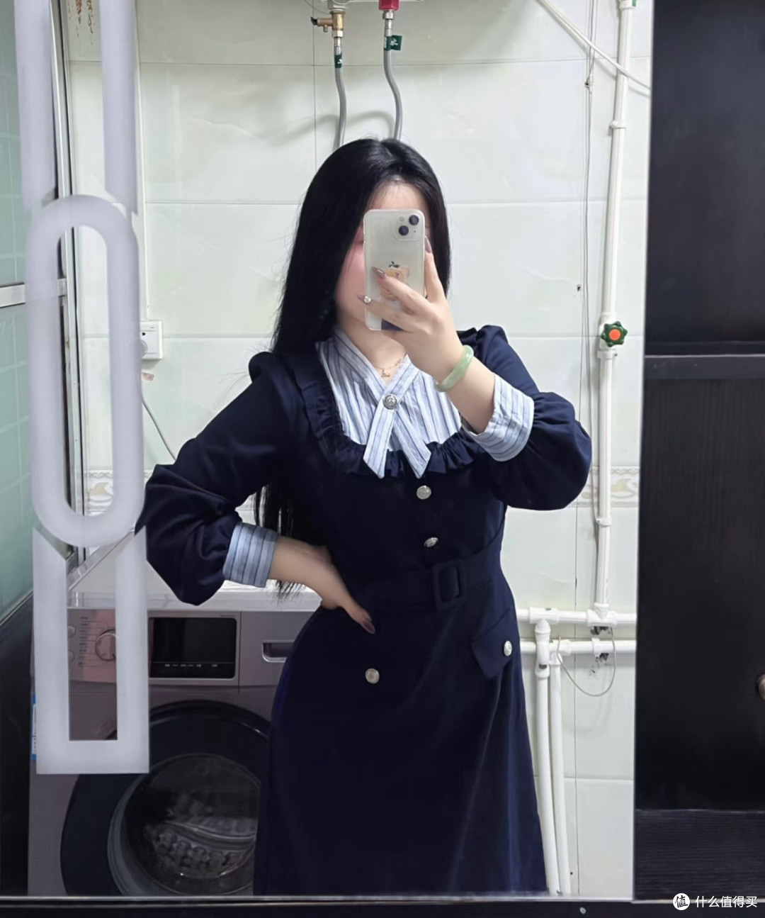 学院风条纹拼接裙，显瘦又灵动
