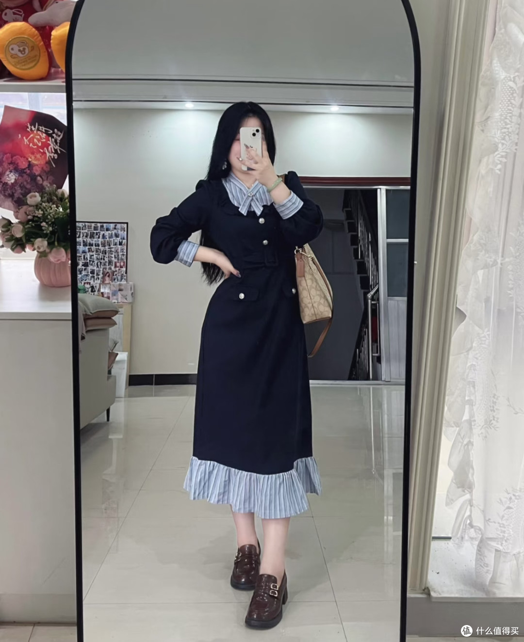 学院风条纹拼接裙，显瘦又灵动