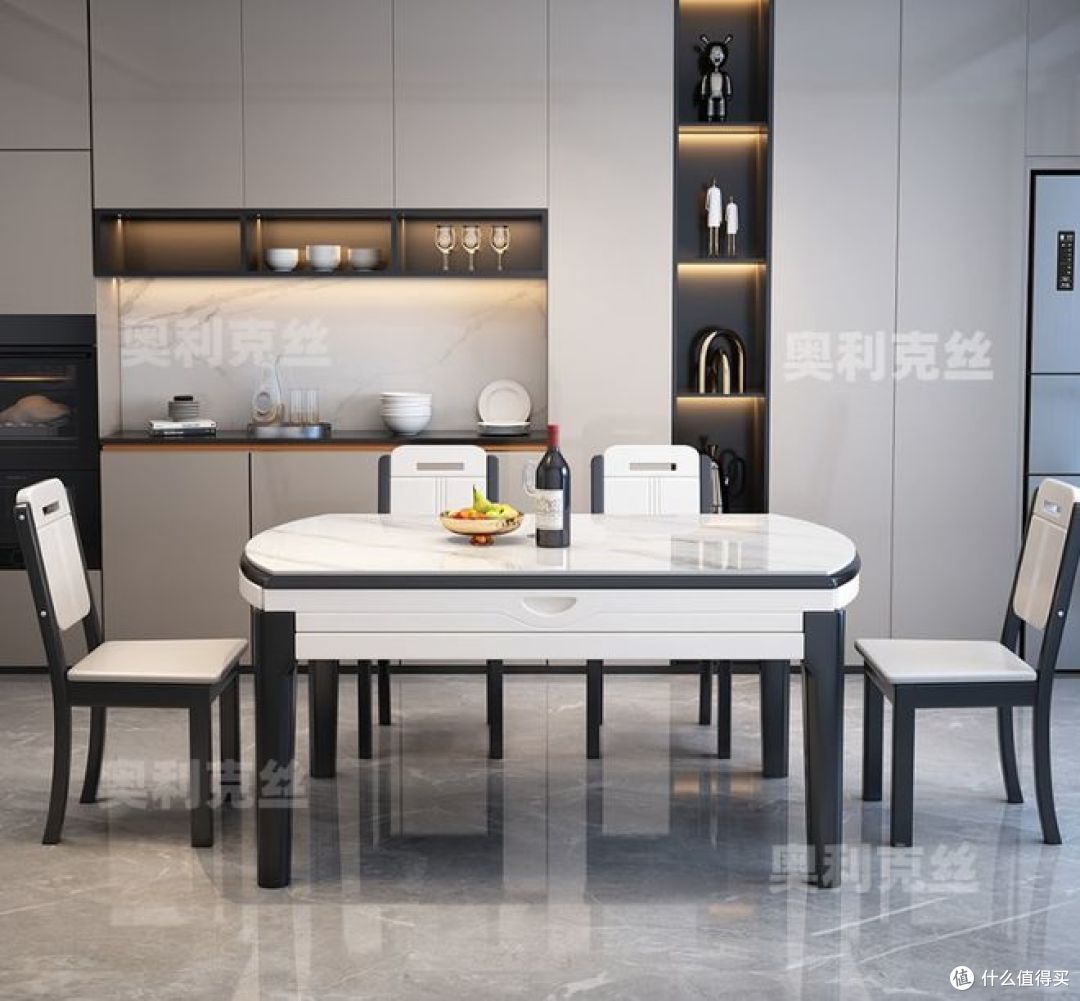 现代简约餐桌椅组合：奥利克丝亮光岩板餐桌！可伸缩折叠