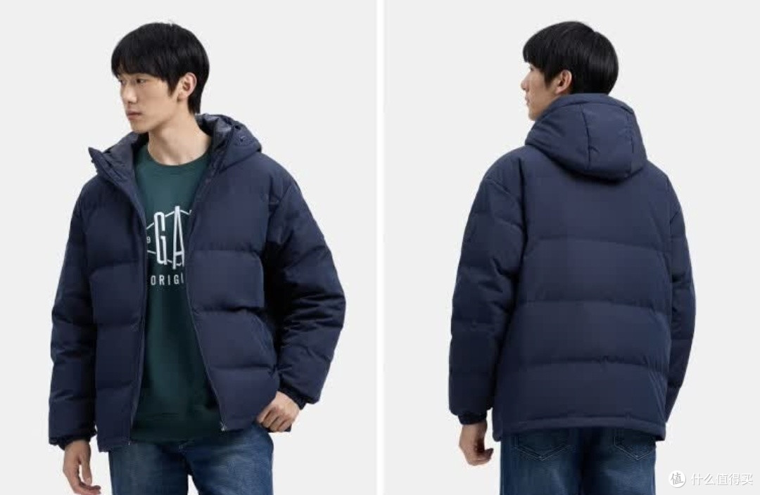 盖璞男装徽章logo抽绳立领连帽羽绒服：秋冬轻暖潮搭必备

 