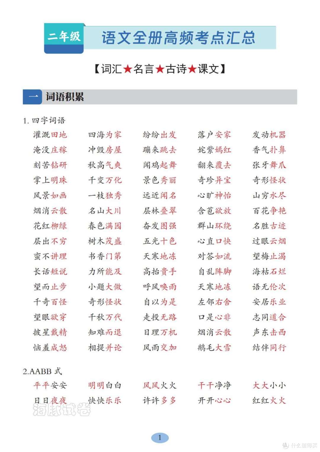 二年级上册语文高频考点汇总,电子版可打印,帮助孩子复习