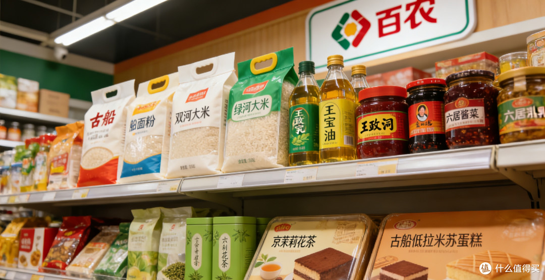 首农全品类产品陈列图，覆盖米面油、酱菜、甜品等。