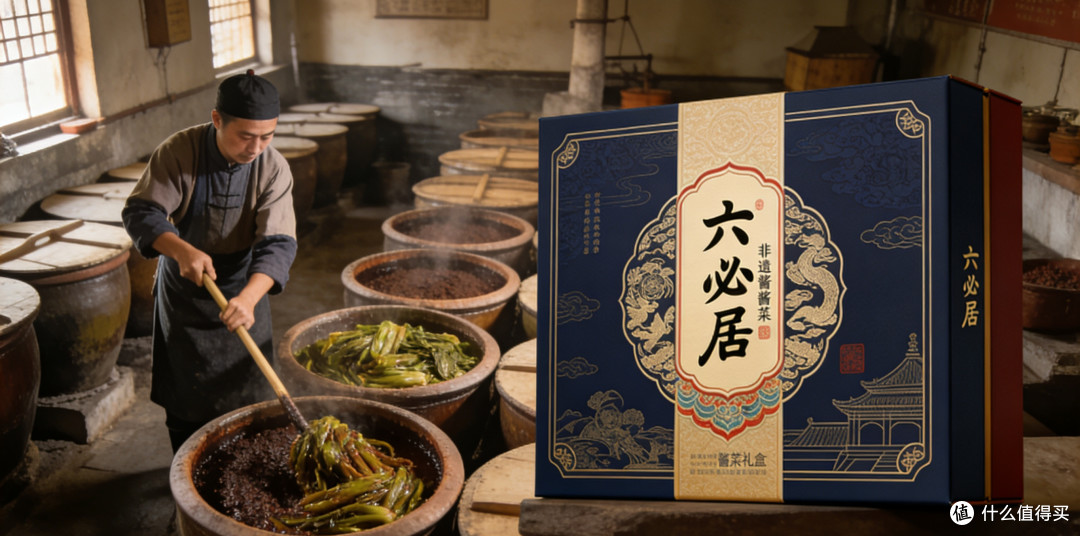 六必居非遗酱菜制作场景与成品礼盒同框。