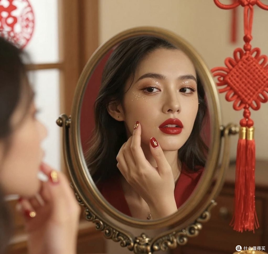 红唇闪眸，甲上藏春——我的新年妆容，是年味的温柔告白‌。