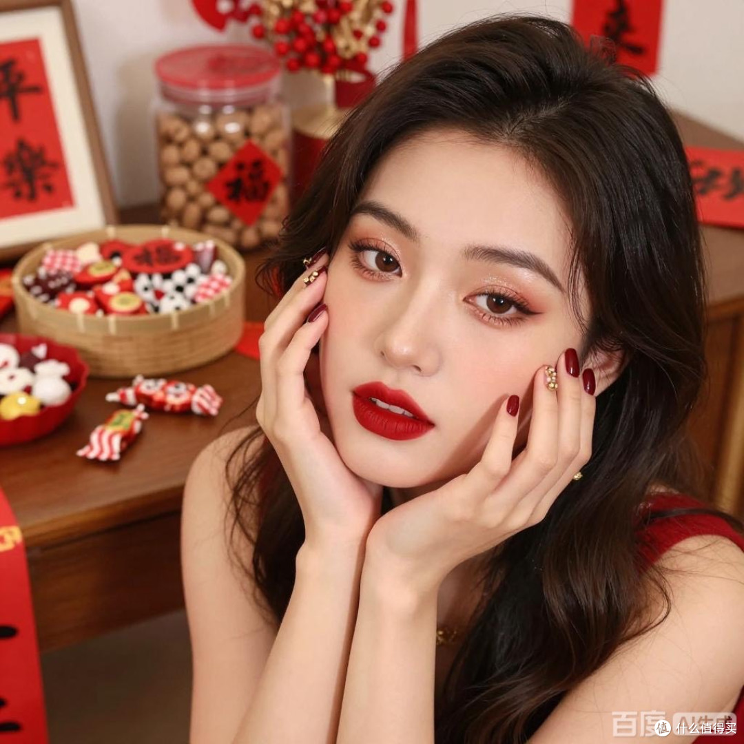 红唇闪眸，甲上藏春——我的新年妆容，是年味的温柔告白‌。