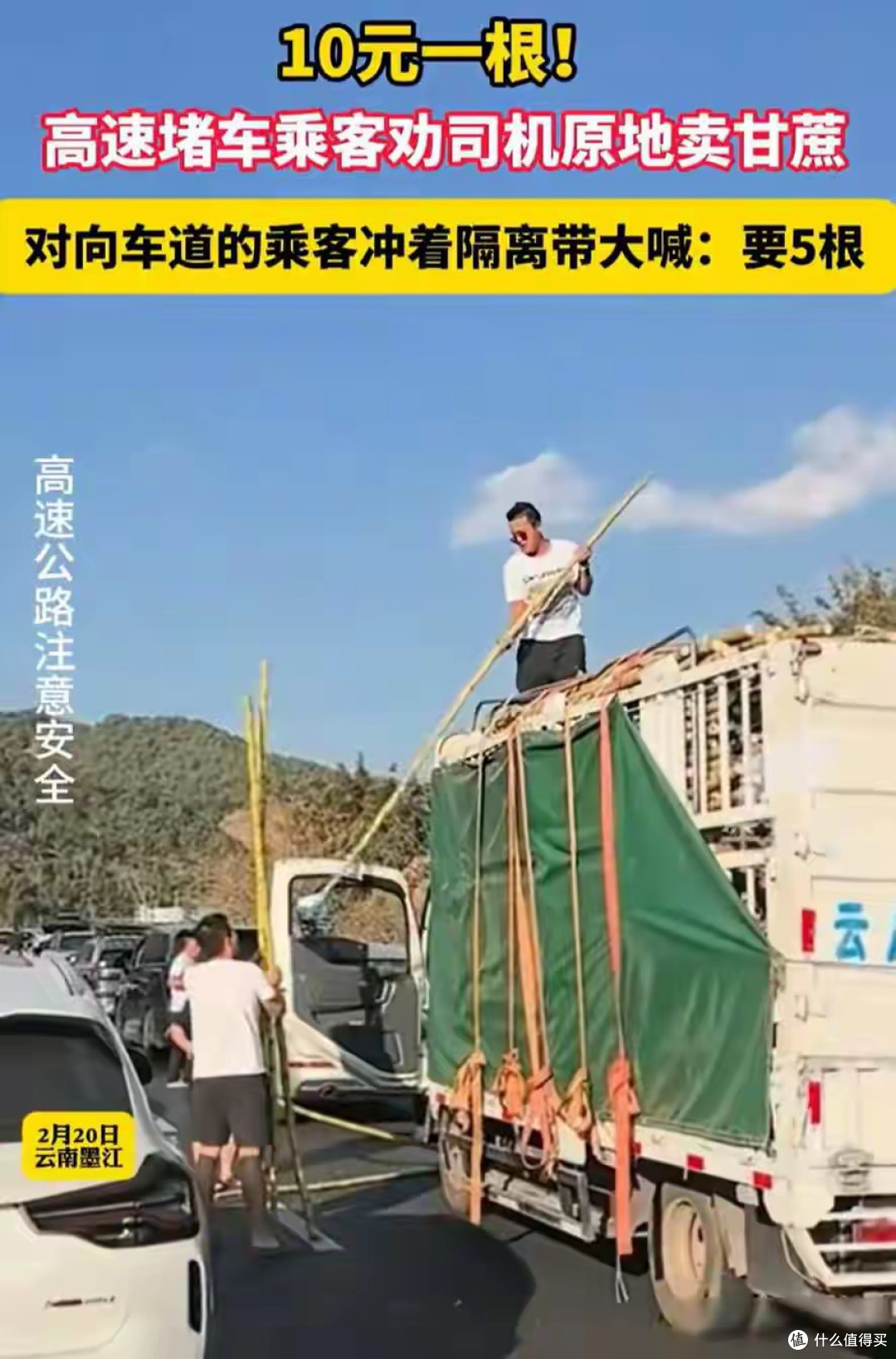 高速堵成停车场,货车司机卖甘蔗火了,一根十块没人讲价