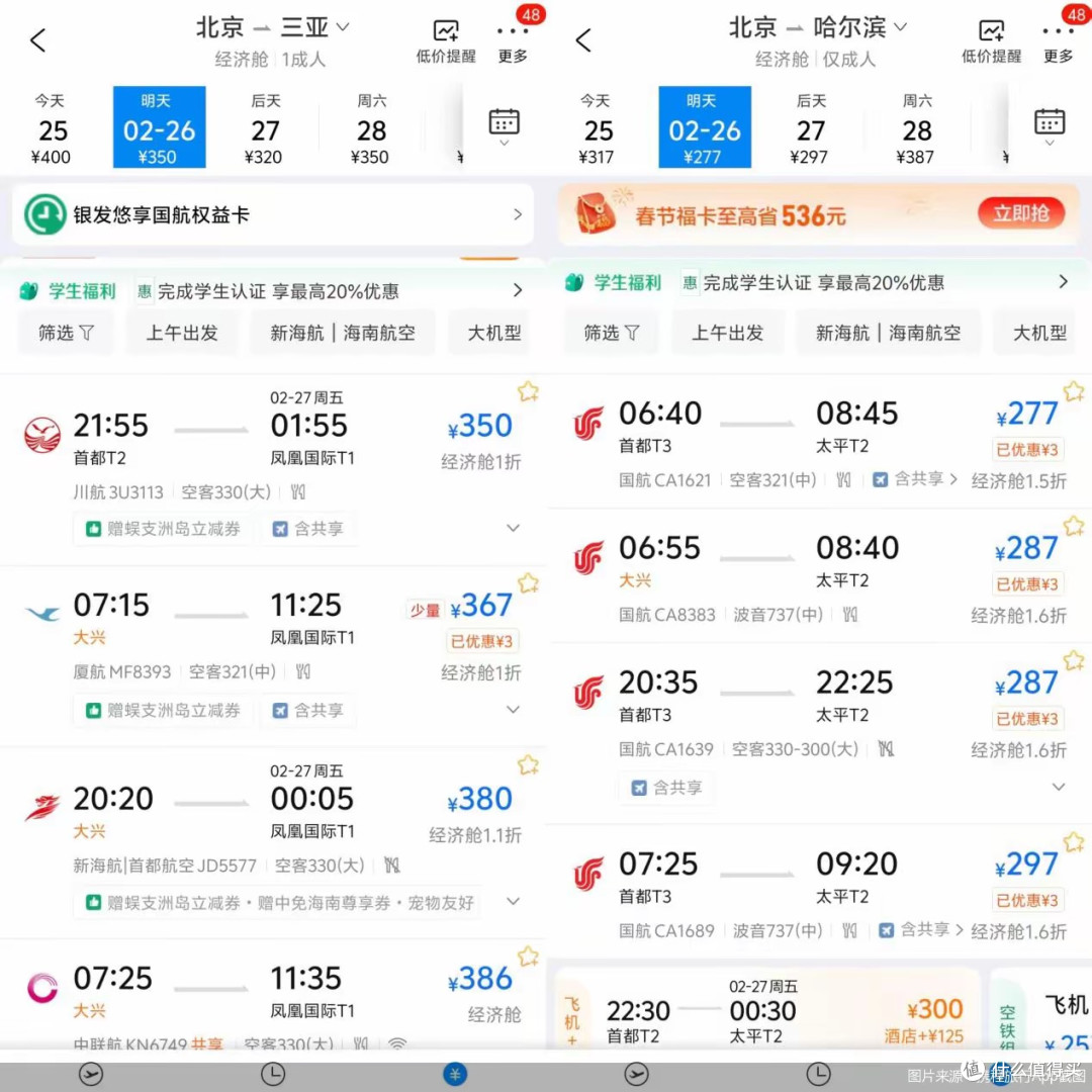 机票价格跳水:北京飞三亚机票低至1.1折,飞哈尔滨机票低至277元