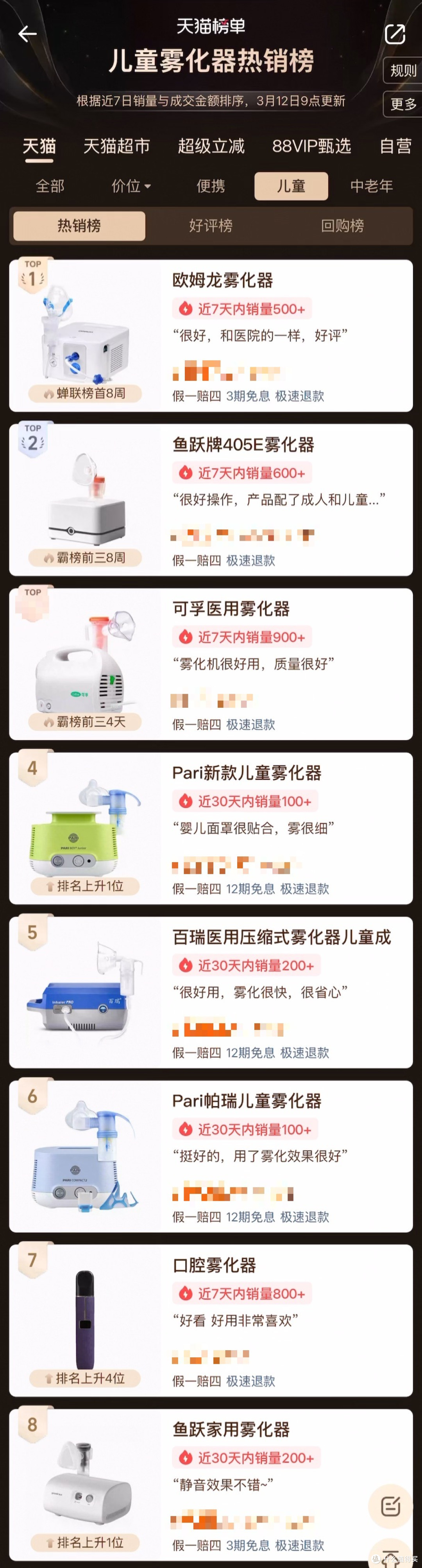 天猫儿童雾化器热卖榜