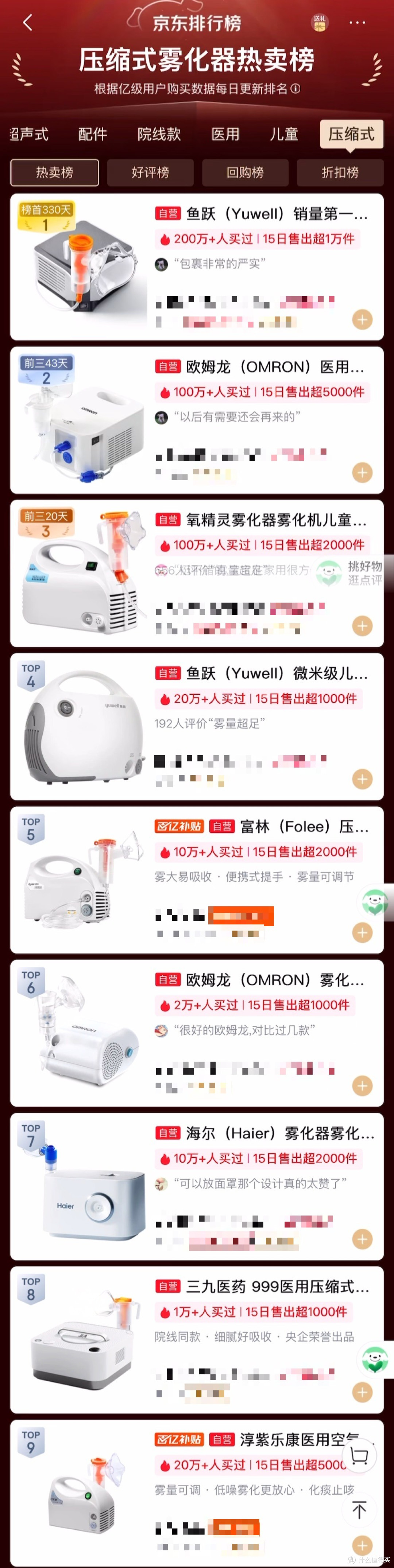 京东压缩式雾化器热卖榜