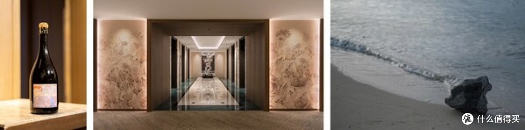 从左至右：香港瑞吉酒店限定版艺术气泡茶；香港JW万豪酒店Infinity客房楼层的「无限孩童」雕塑；香港丽思卡尔顿酒店呈现《不存在中的存在》竹艺装置