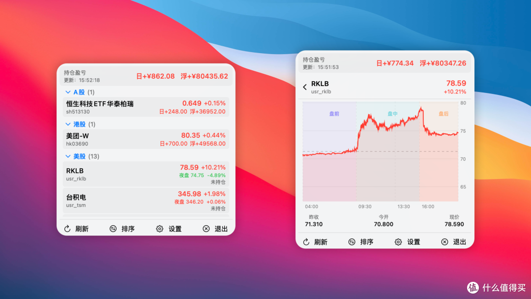 (图注：点击状态栏图标即可展开自选股列表，点击任意股票即可查看分时图，支持美股盘前盘后及持仓盈亏展示)