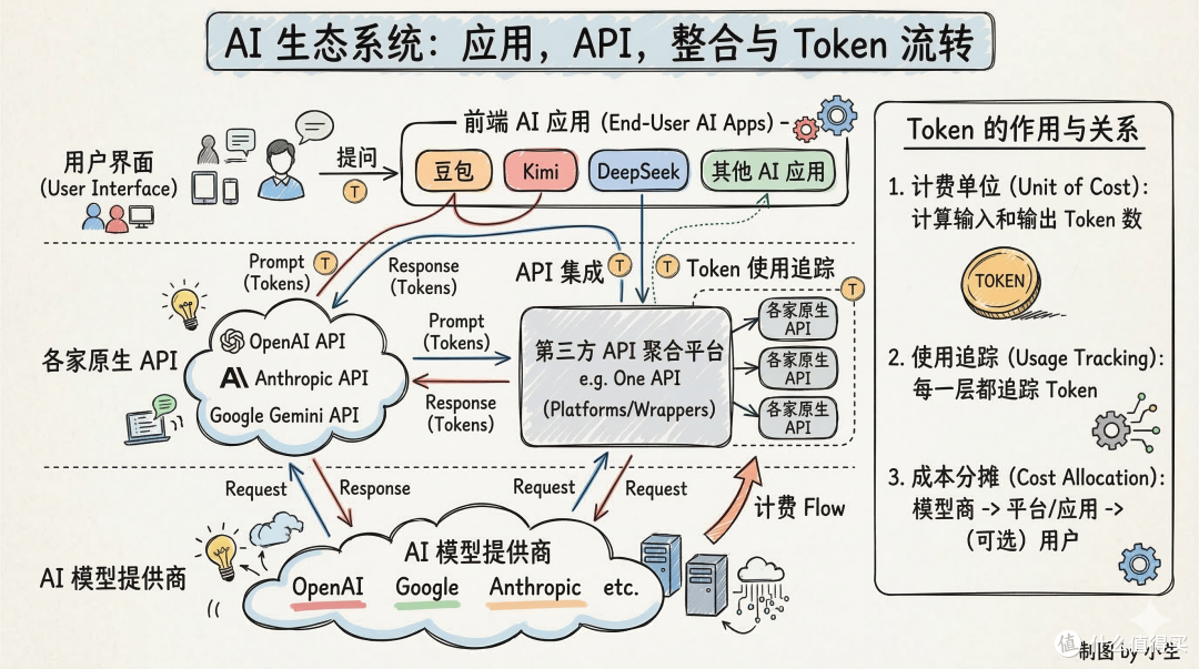 AI应用,AI模型API,第三方整合、Token 流转之间的关系说明