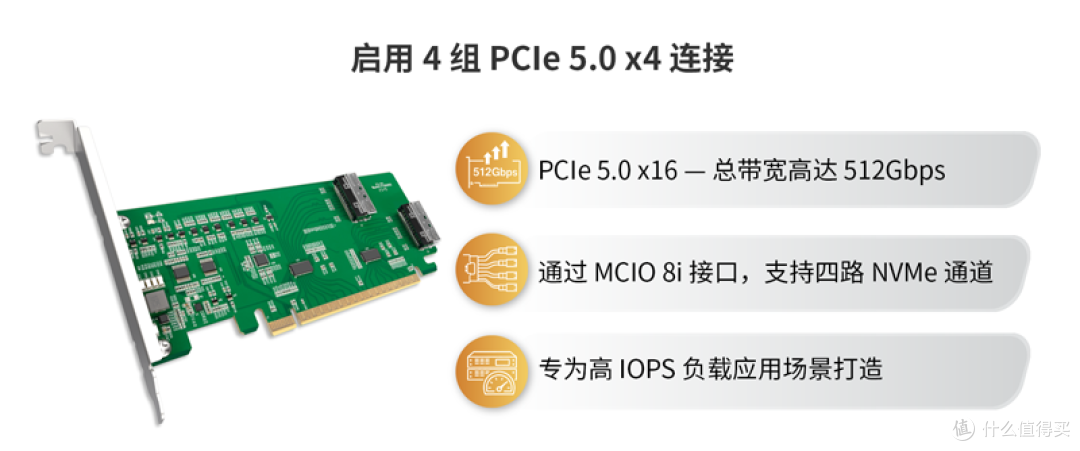 【PCIe 5.0 x16 NVMe扩展卡】配备双MCIO 8i 接口,带Redriver