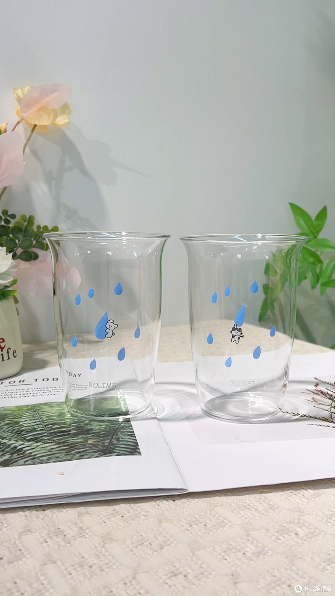 ins风蓝色雨滴玻璃杯,动物图案,微波炉冷热饮超治愈!