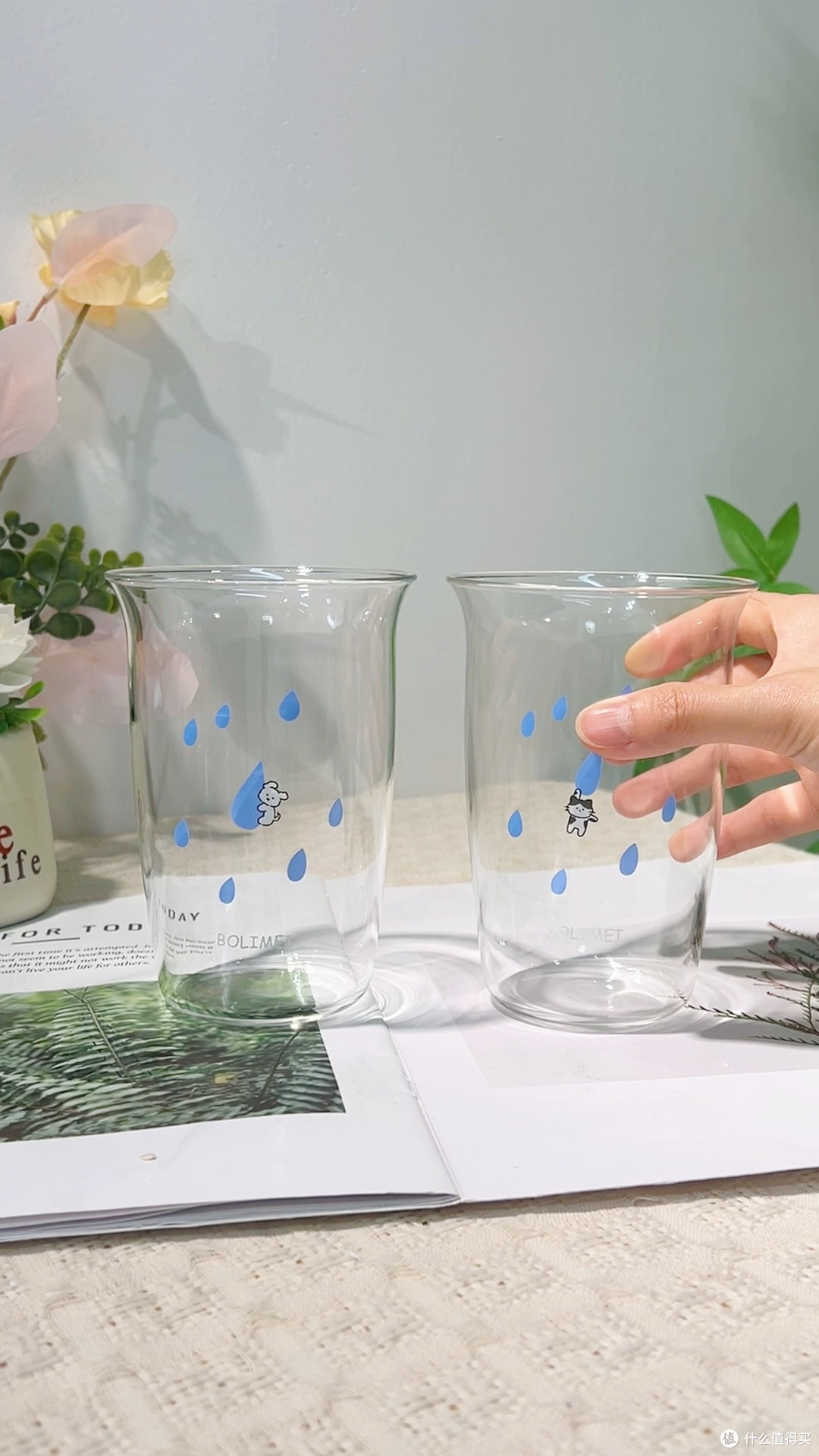 ins风蓝色雨滴玻璃杯,动物图案,微波炉冷热饮超治愈!