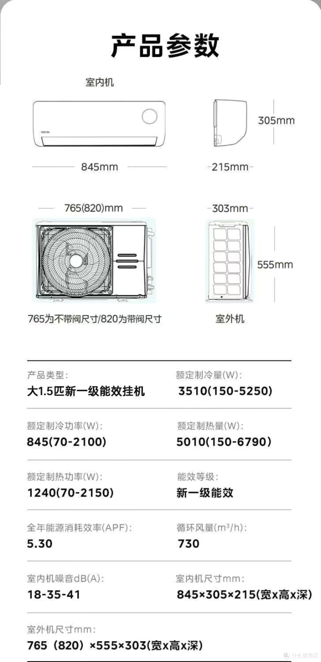 这是HA1 III的参数，风量730，内机长845
