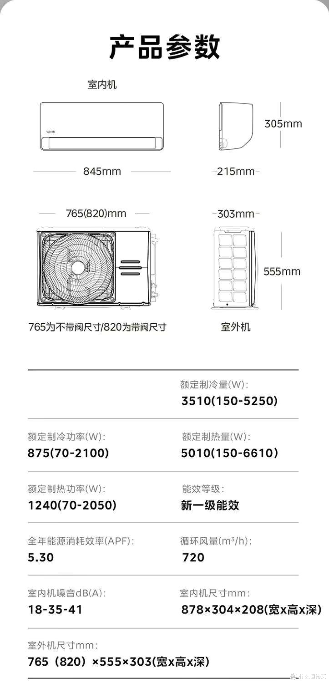 这是所谓的HM1，风量720，内机长878，但示例图还是845
