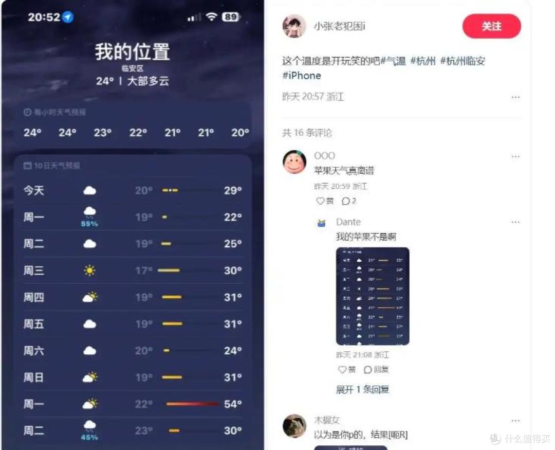 iPhone天气显示临安54℃!手打滑稽:原来库克在炼丹?
