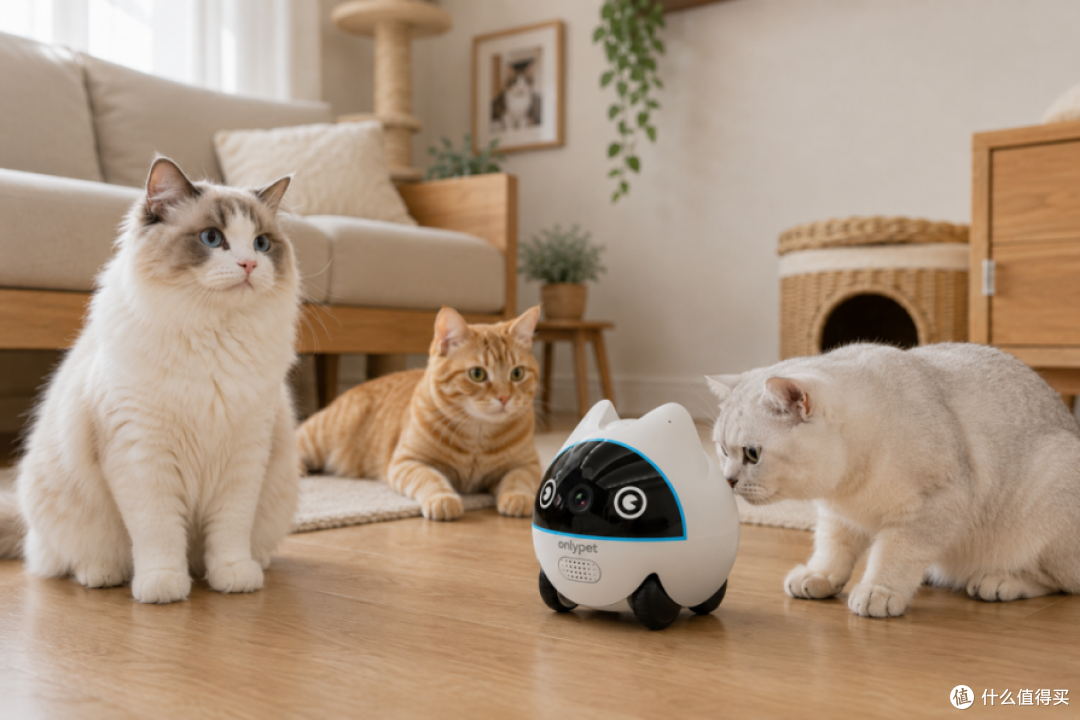 三只家猫在客厅，OnlyPet移动宠物监控机器人停在地面，日常居家场景