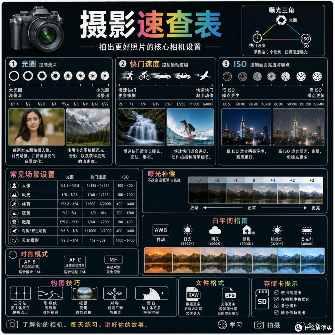 小白摄影速查表|一张图吃透曝光三要素,新手直接抄参数