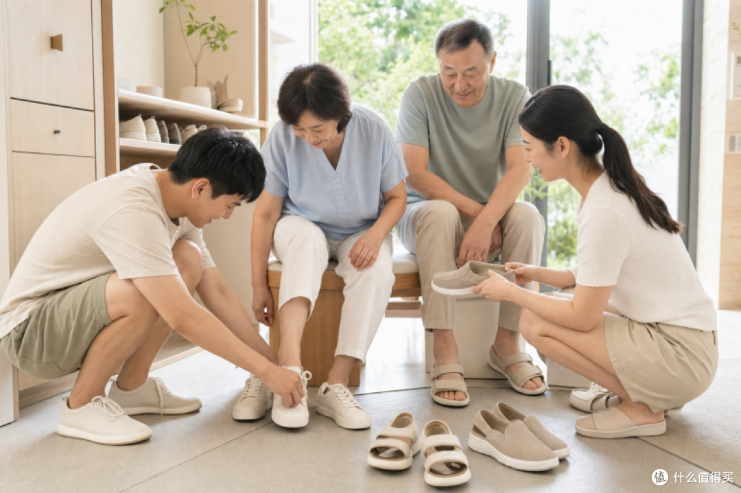 图1：居家整理鞋柜和试鞋场景示意，承接“旧鞋该不该换”和“给爸妈试鞋”的生活化选题。