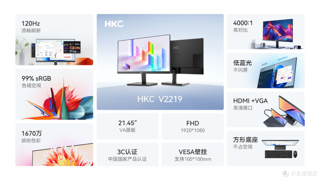 21.45英寸高清护眼商务屏支持 VESA 壁挂HKC V2219显示器实测解析