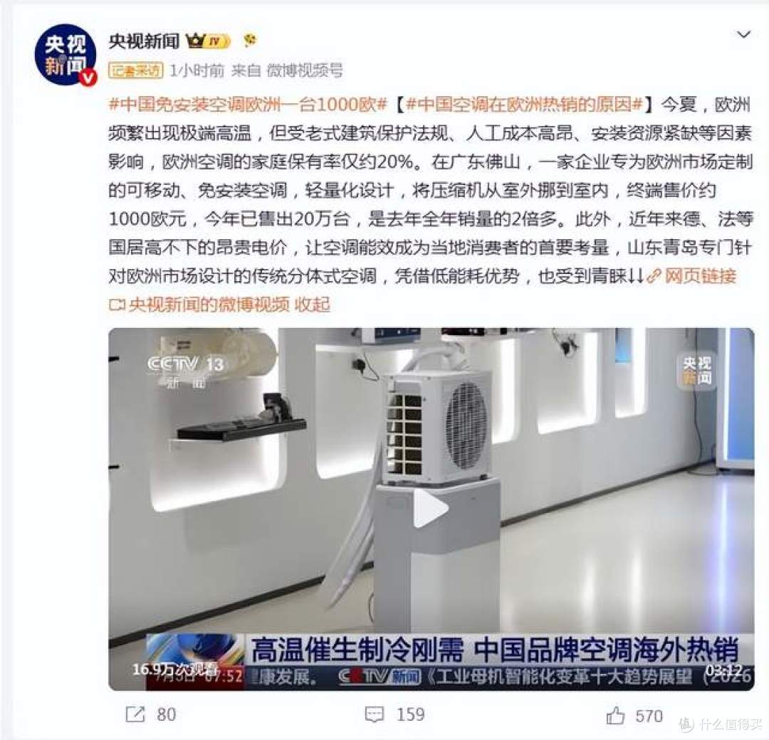 欧洲高温刚需爆发！中国免安装空调单台售价1000欧元年销 20 万台