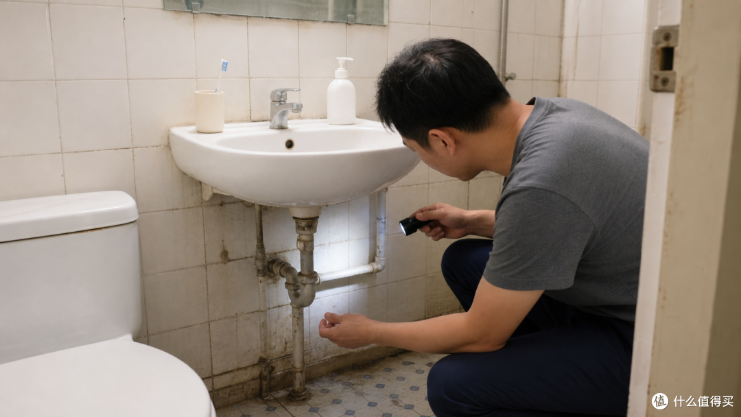 老旧卫生间水路基础日常检查场景示意