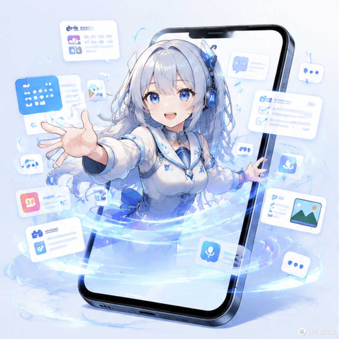 AI 助手从屏幕中伸出手，周围环绕着便签、日历、邮件、相册等应用卡片