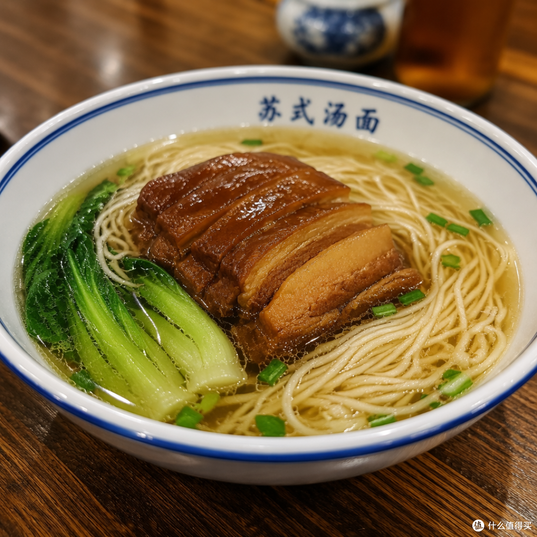 一碗苏式焖肉面特写，汤色清亮，配青菜