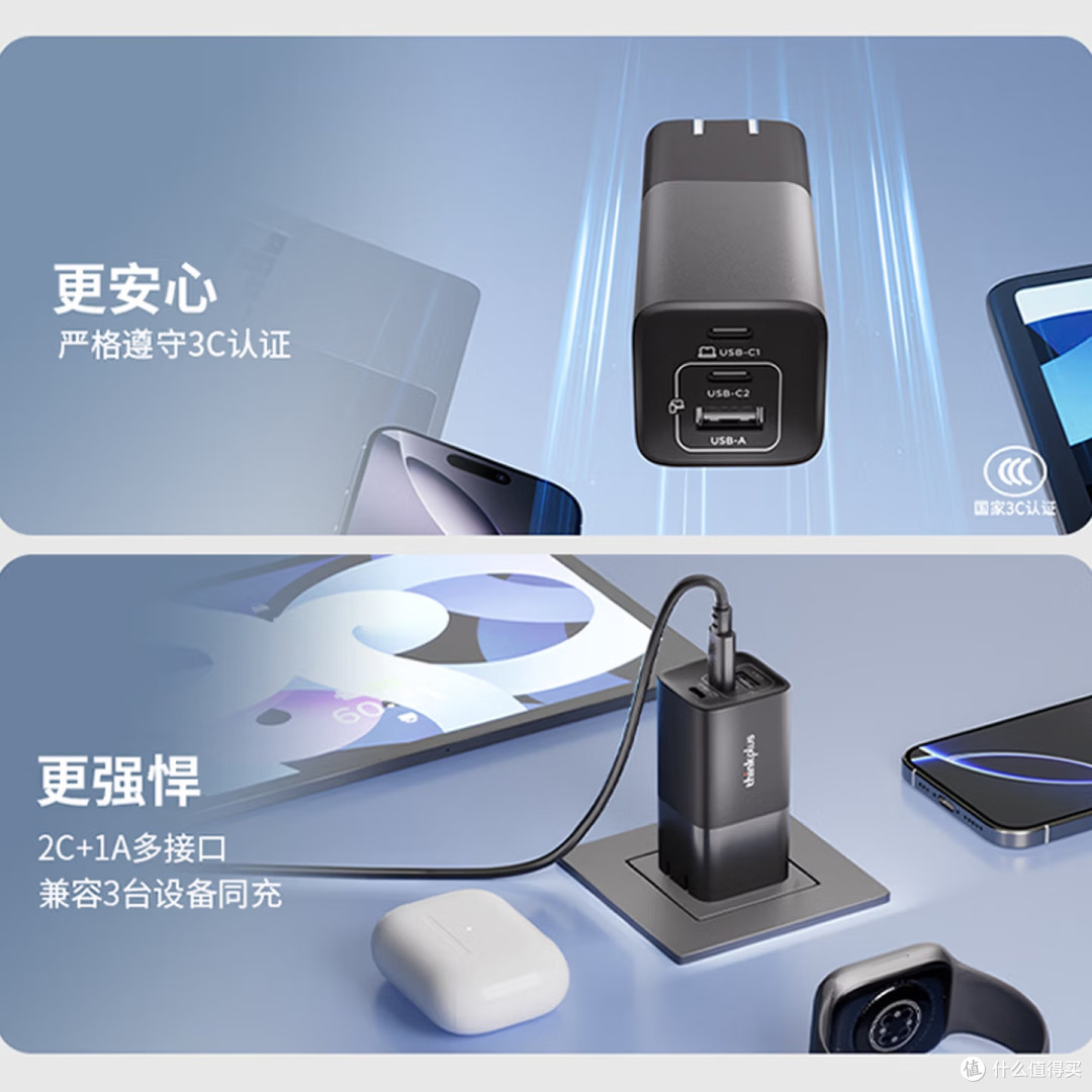 多设备充电器推荐:thinkplus 100W三口氮化镓充电器 精简插座