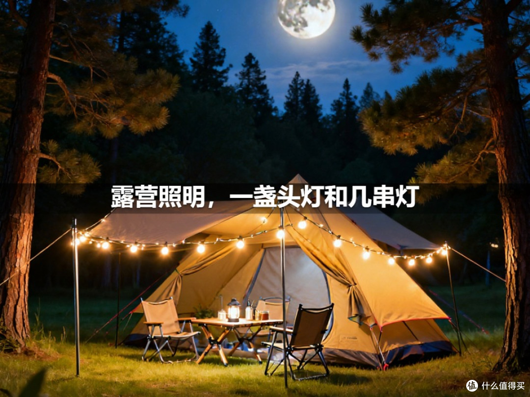 露营照明,一盏头灯和几串灯