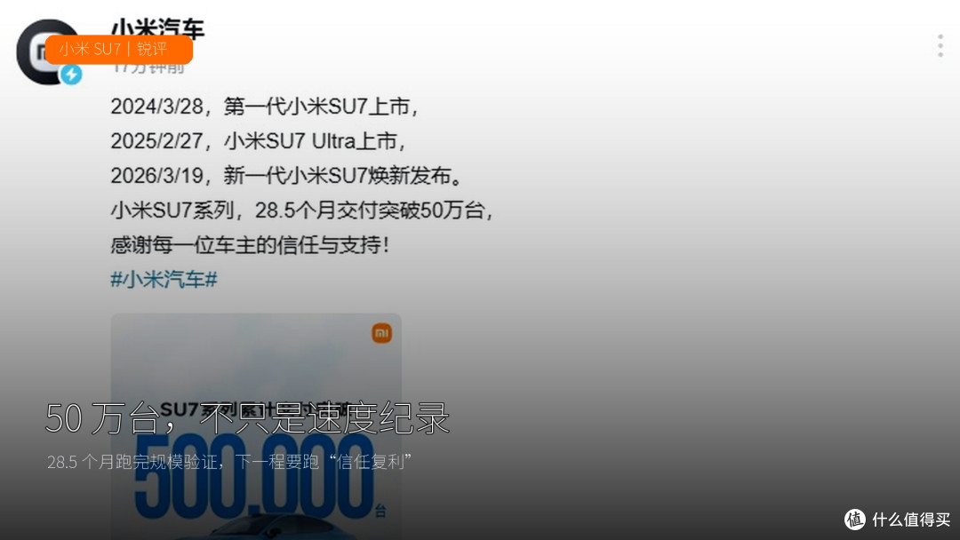 小米 SU7 系列 50 万台交付里程碑主题图