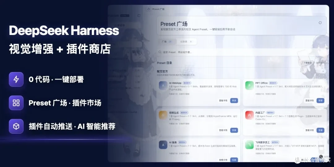 DeepSeek Harness Studio 全景：插件市场、Preset 广场、应用中心、视觉增强