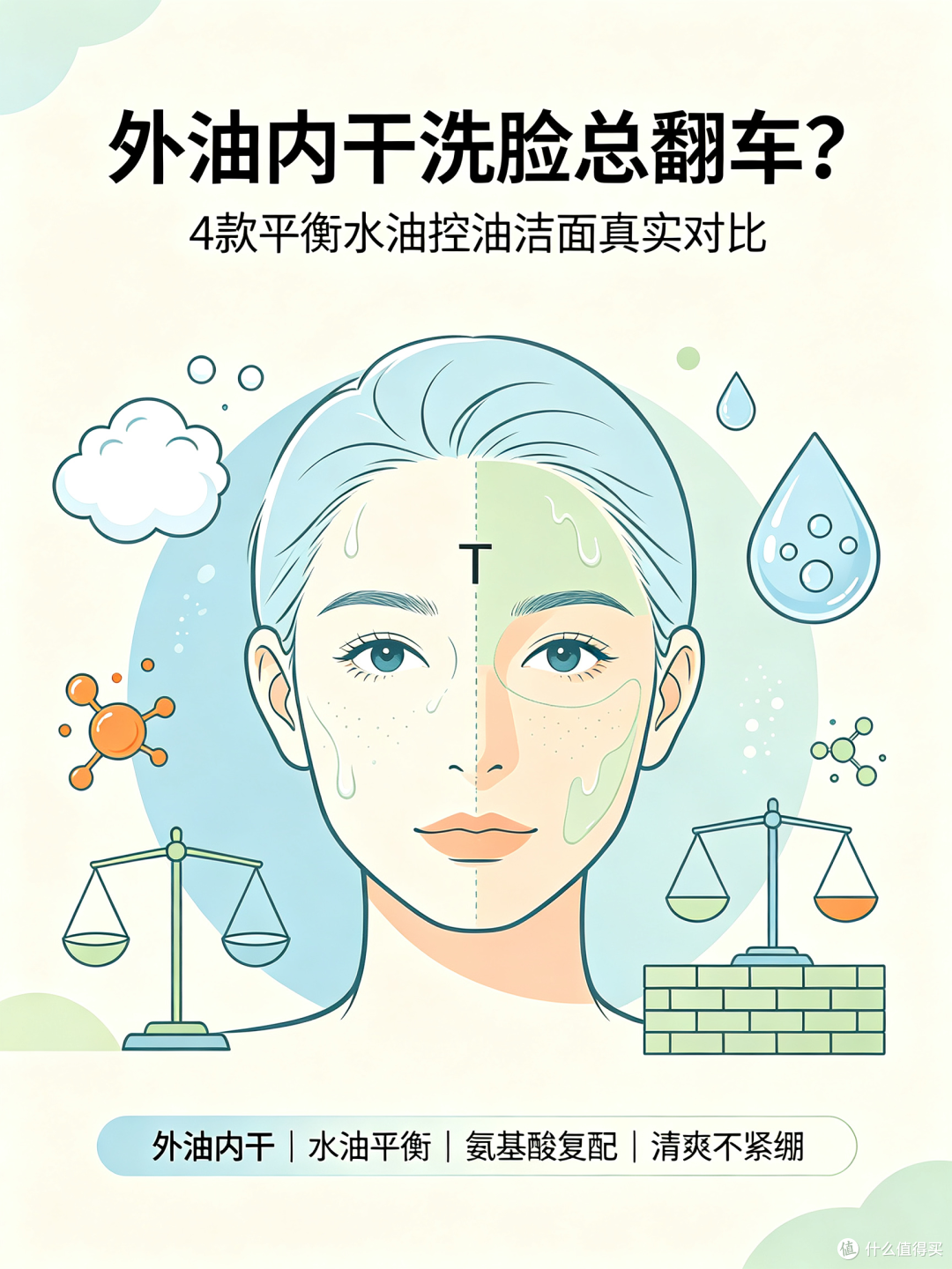 外油内干洗脸总翻车？4款平衡水油控油洁面真实对比