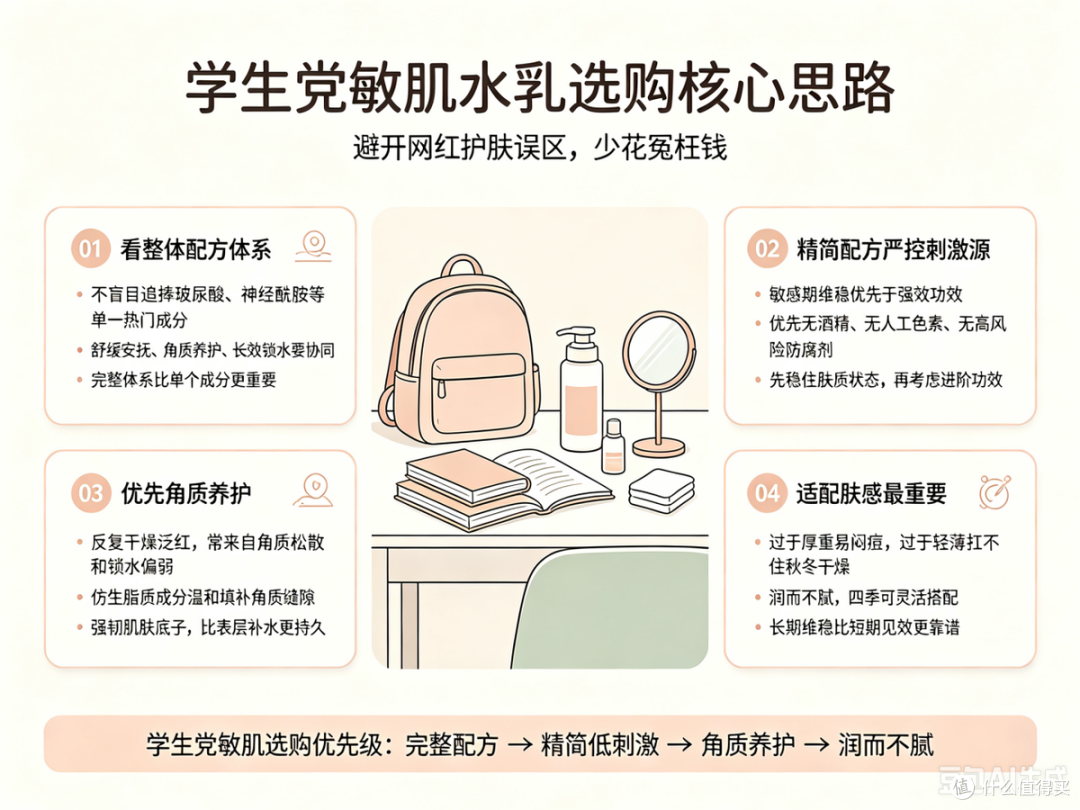 学生党敏肌选水乳记住3点:舒缓保湿配方精简,平价款也更安心